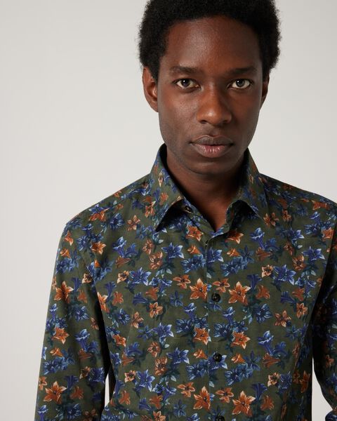 Slim Stretch Fit Premium Italian Floral Print Long Sleeve Shirt, Khaki, hi-res